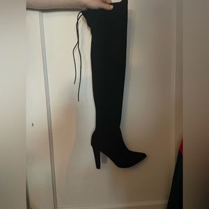 Black thigh high 3 inch heel boots